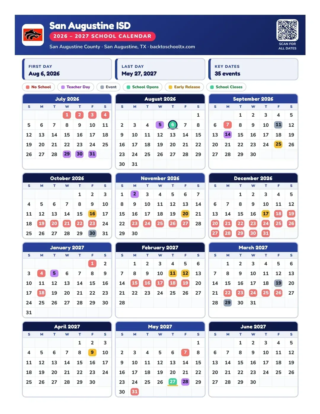 San Augustine ISD Calendar for the Year 26-27
