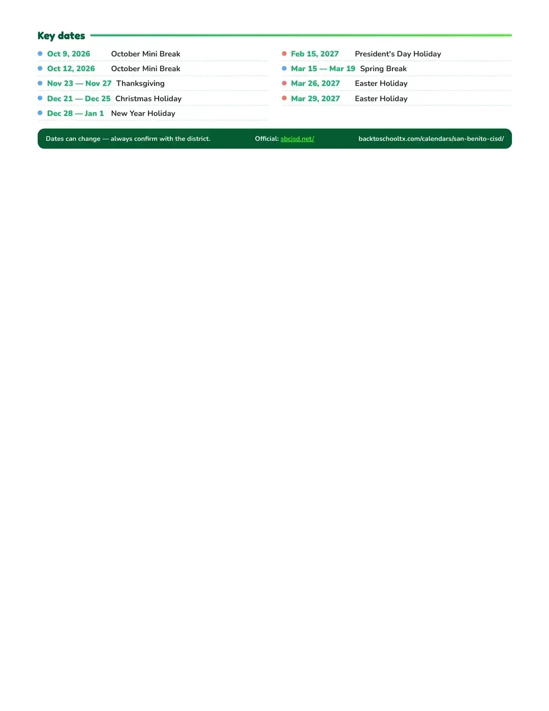 San Benito CISD Calendar for the Year 26-27 — key dates