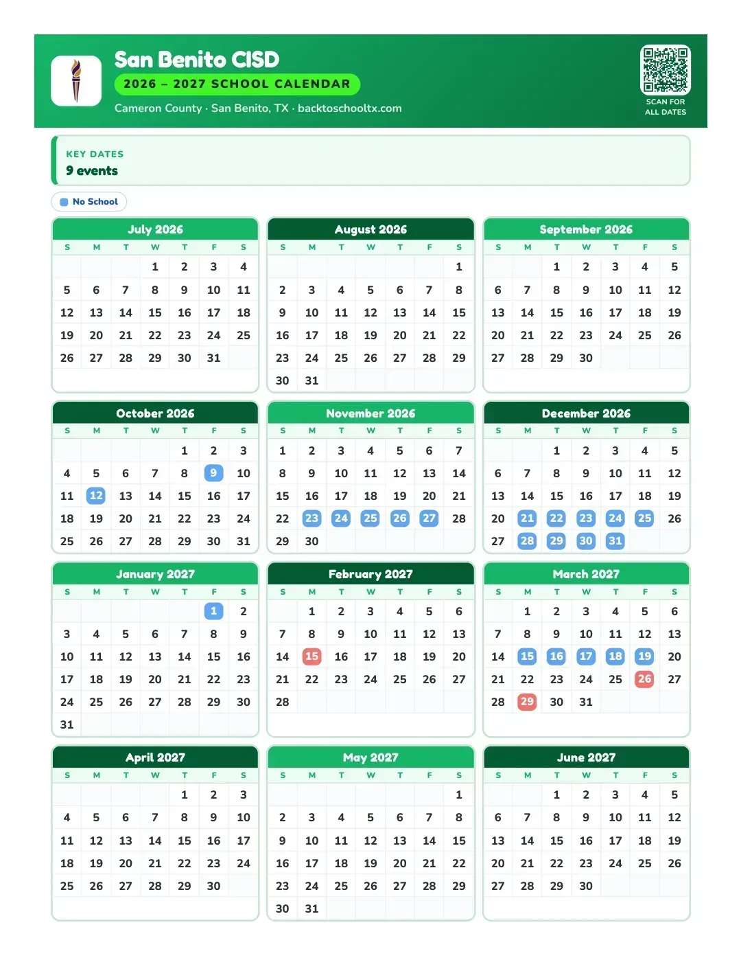 San Benito CISD Calendar for the Year 26-27