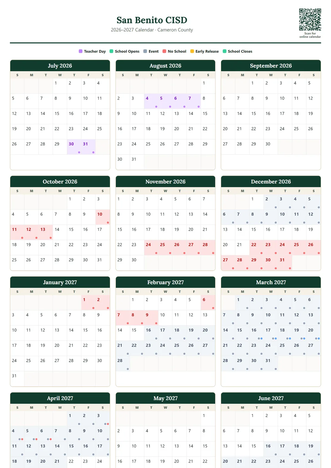 San Benito CISD printable 2026–2027 calendar