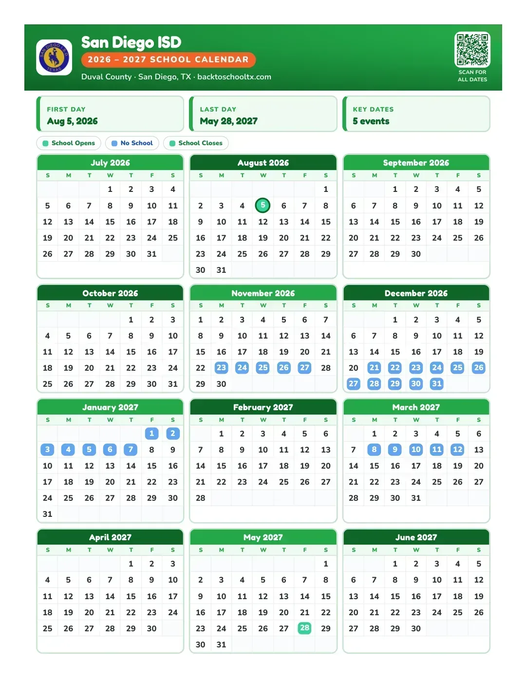 San Diego ISD Calendar for the Year 26-27