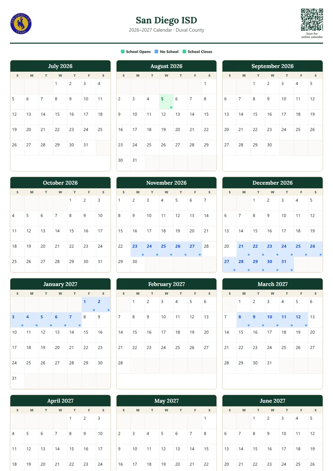San Diego ISD printable 2026–2027 calendar