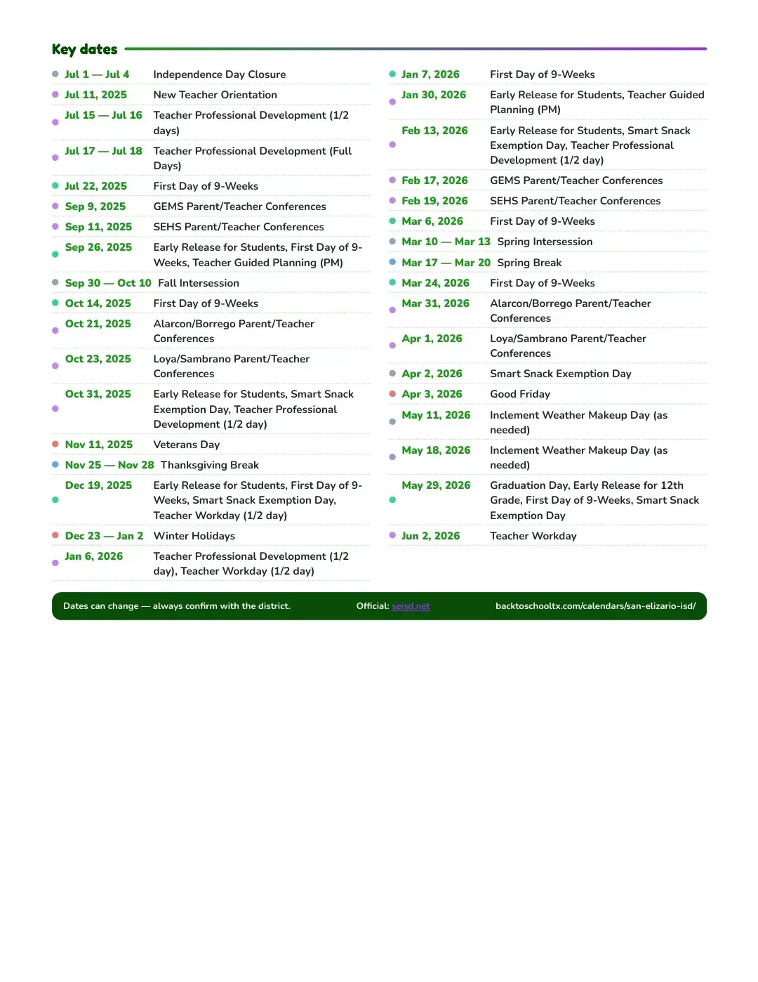San Elizario ISD Calendar for the Year 26-27 — key dates
