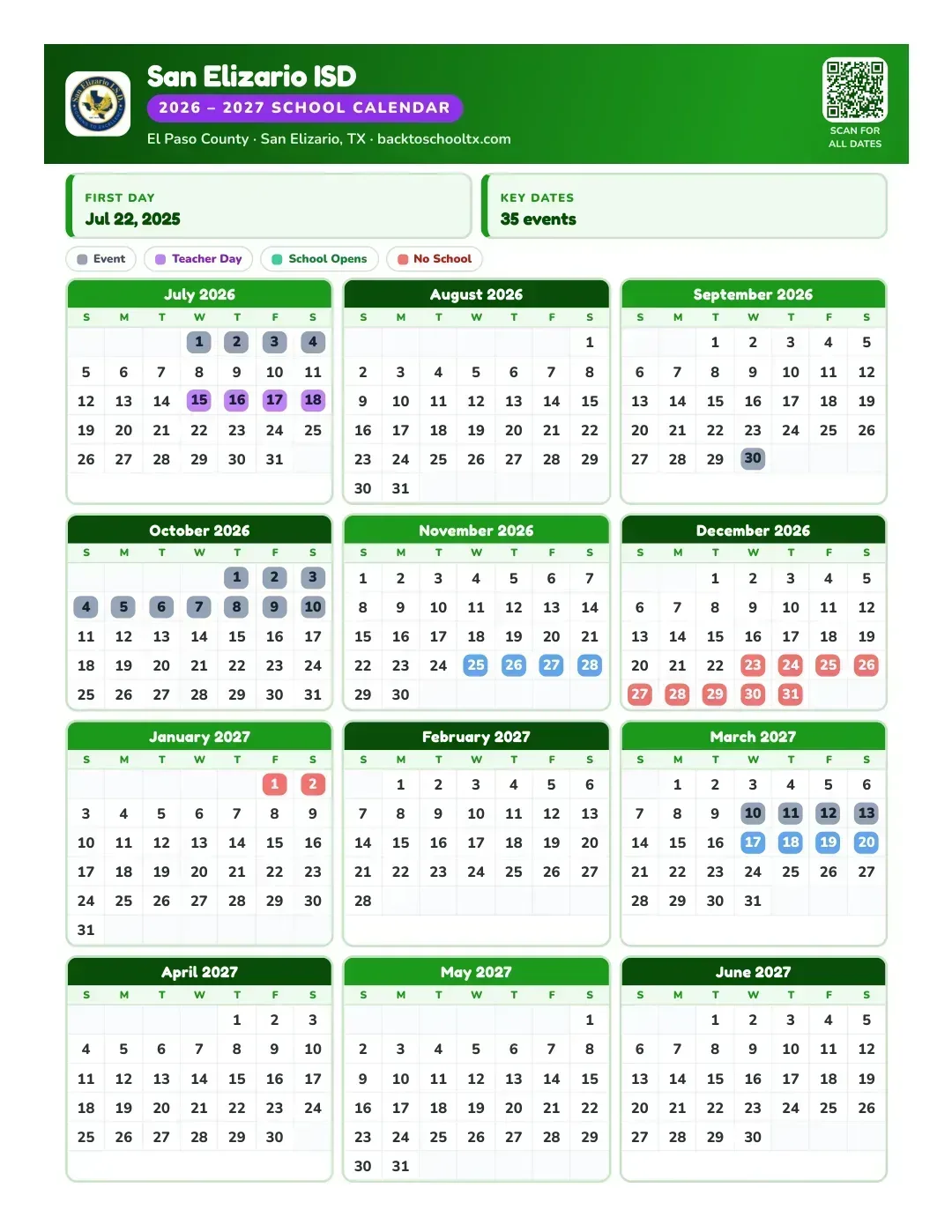 San Elizario ISD Calendar for the Year 26-27