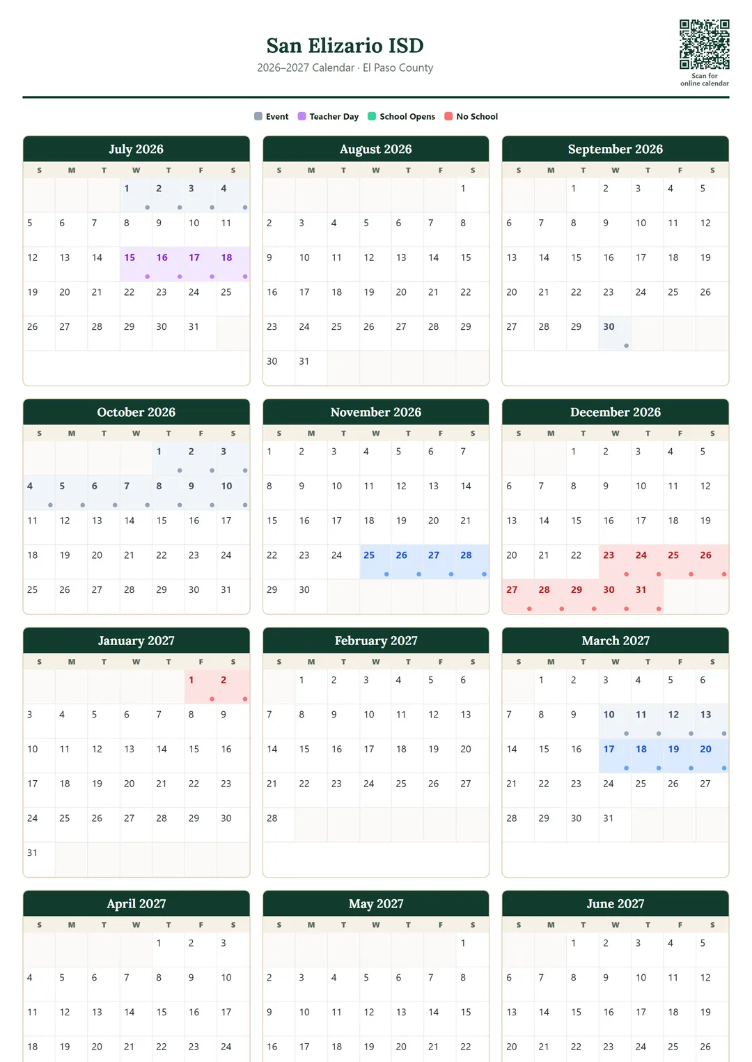 San Elizario ISD printable 2026–2027 calendar