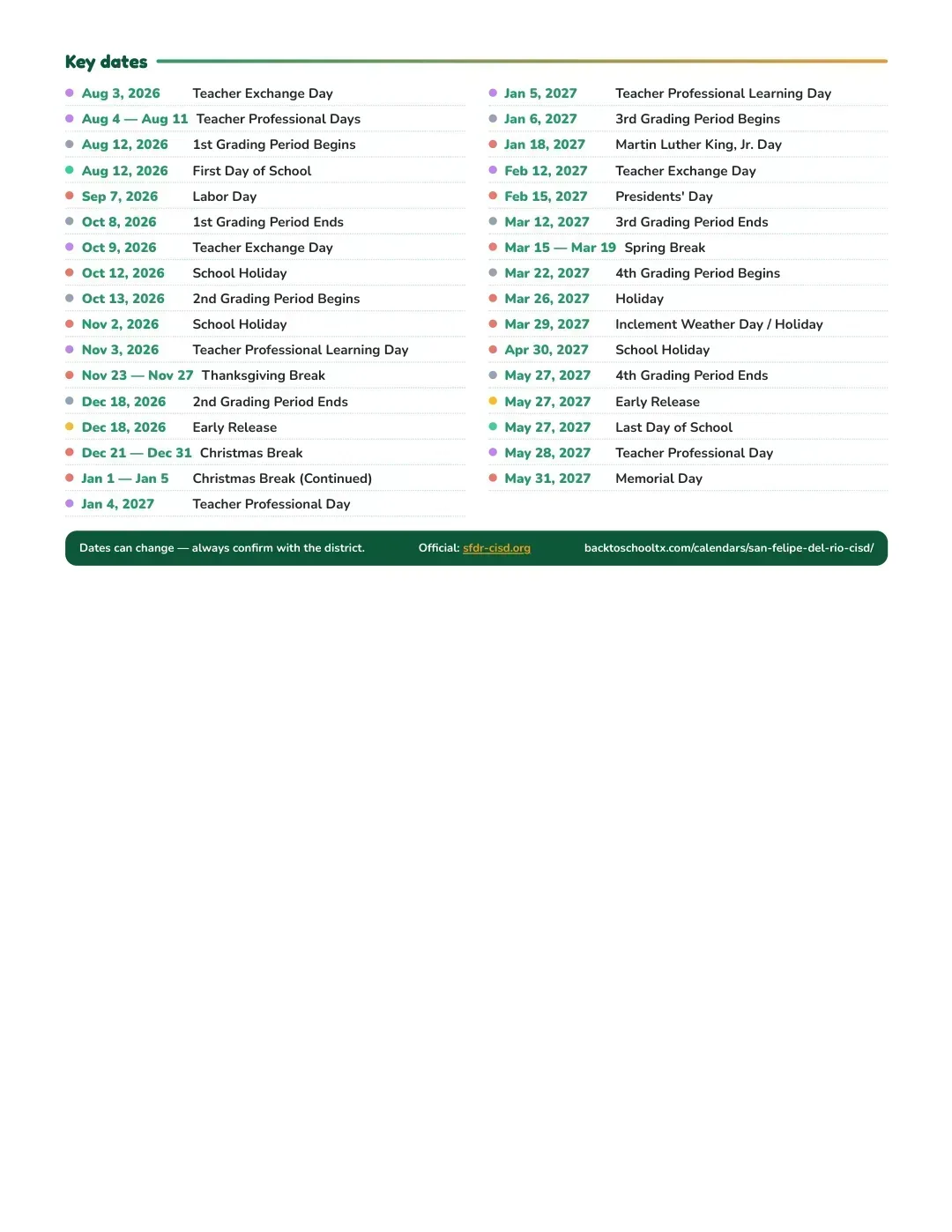 San Felipe-del Rio CISD Calendar for the Year 26-27 — key dates