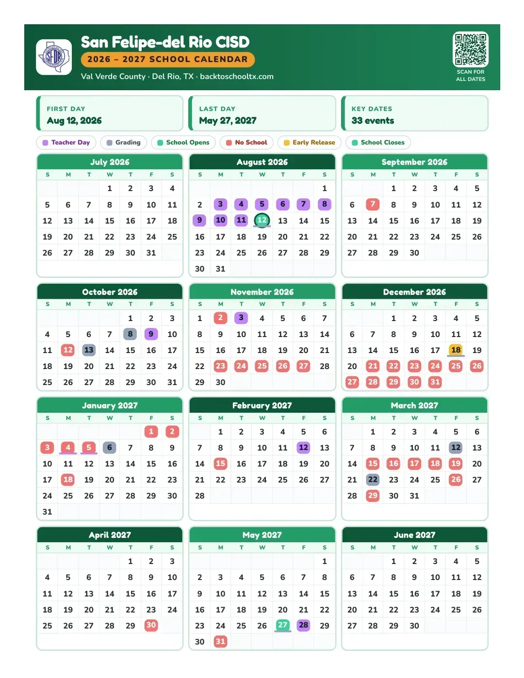 San Felipe-del Rio CISD Calendar for the Year 26-27