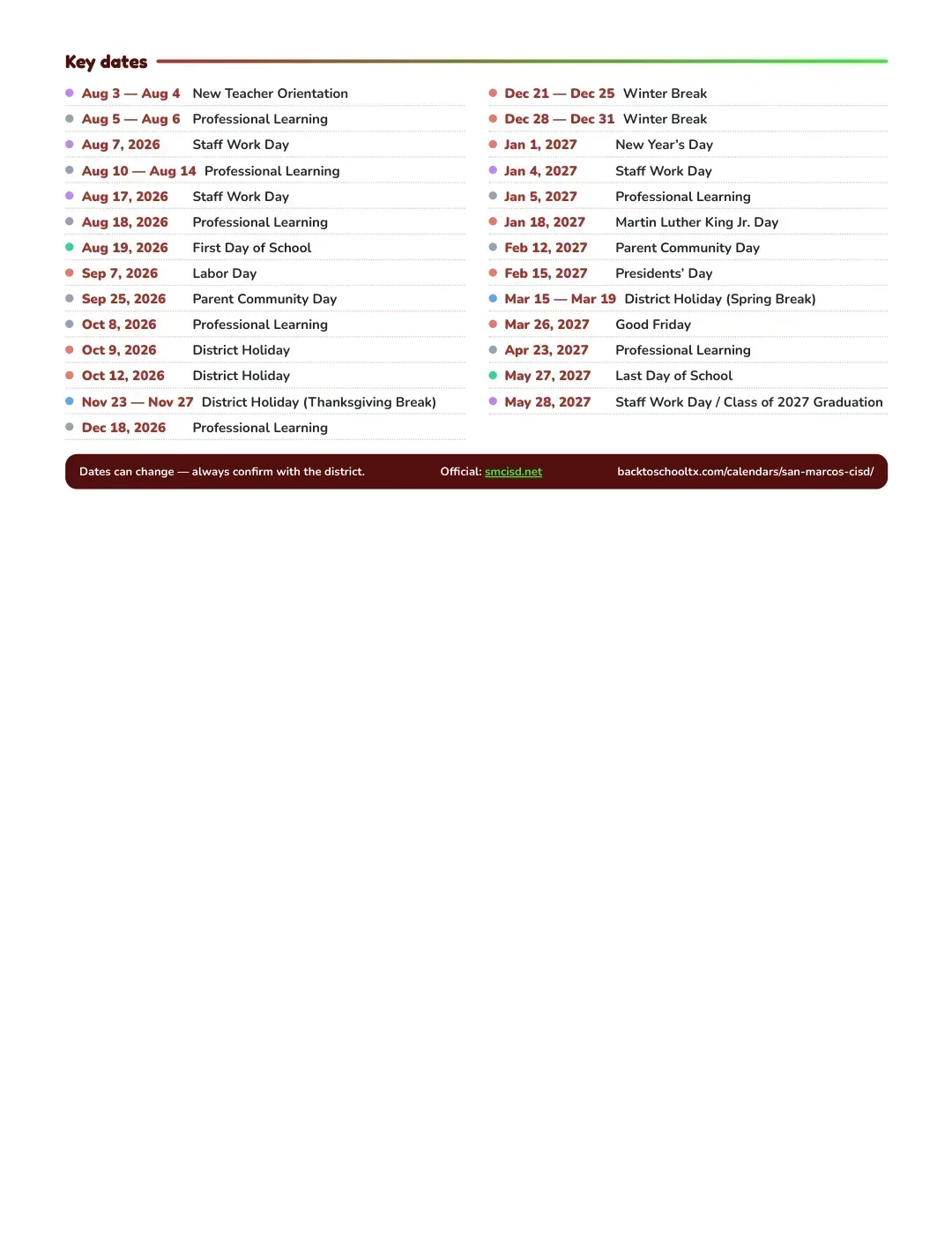 San Marcos CISD Calendar for the Year 26-27 — key dates