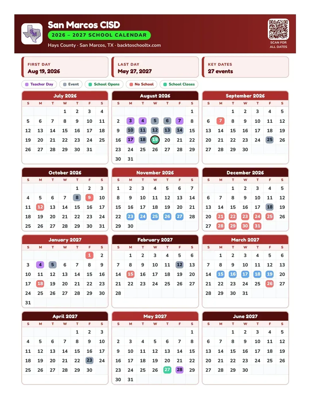 San Marcos CISD Calendar for the Year 26-27