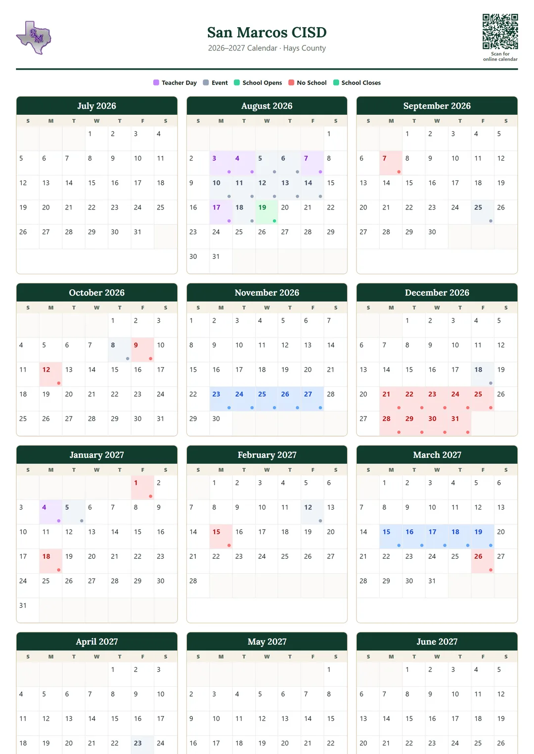 San Marcos CISD printable 2026–2027 calendar