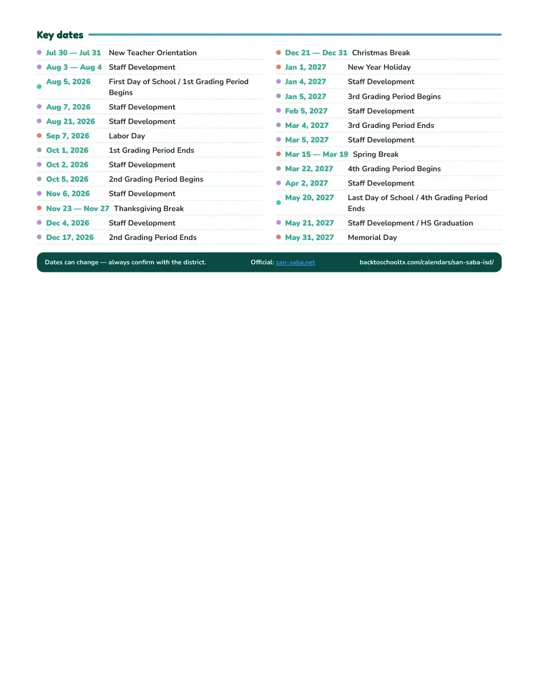 San Saba ISD Calendar for the Year 26-27 — key dates