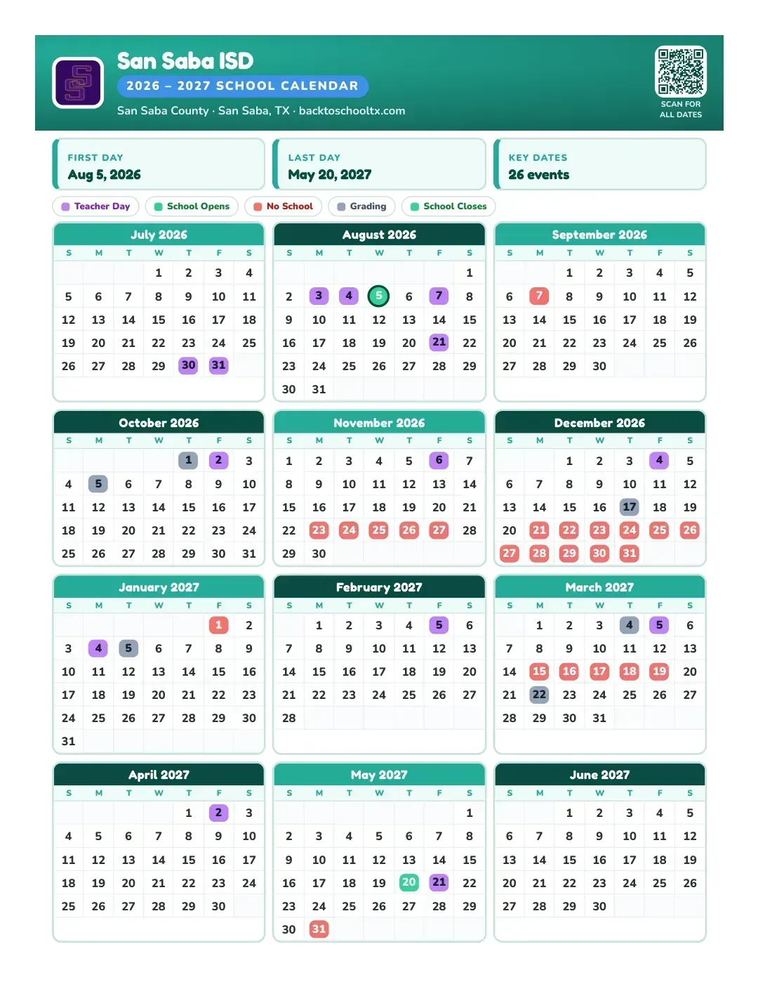 San Saba ISD Calendar for the Year 26-27