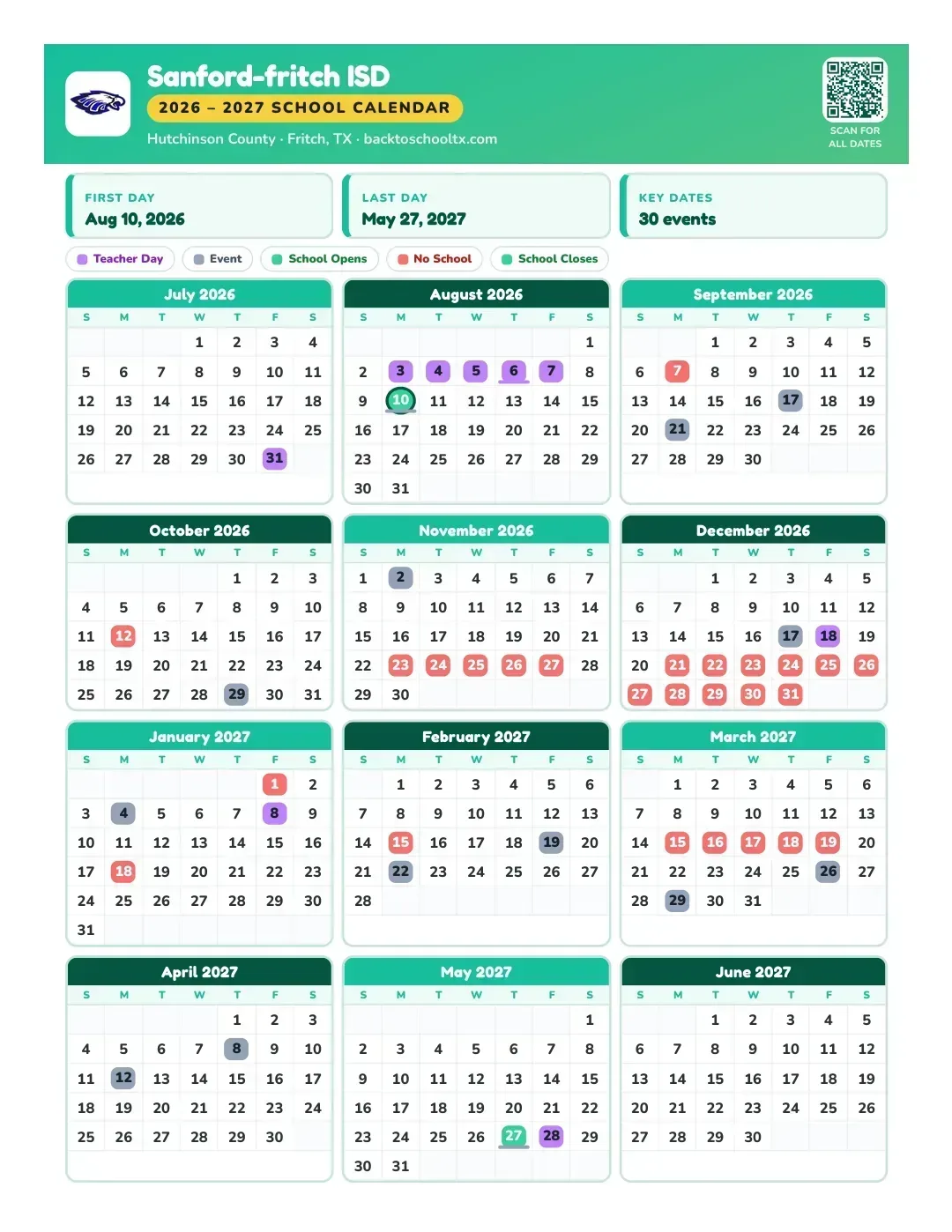 Sanford-fritch ISD Calendar for the Year 26-27
