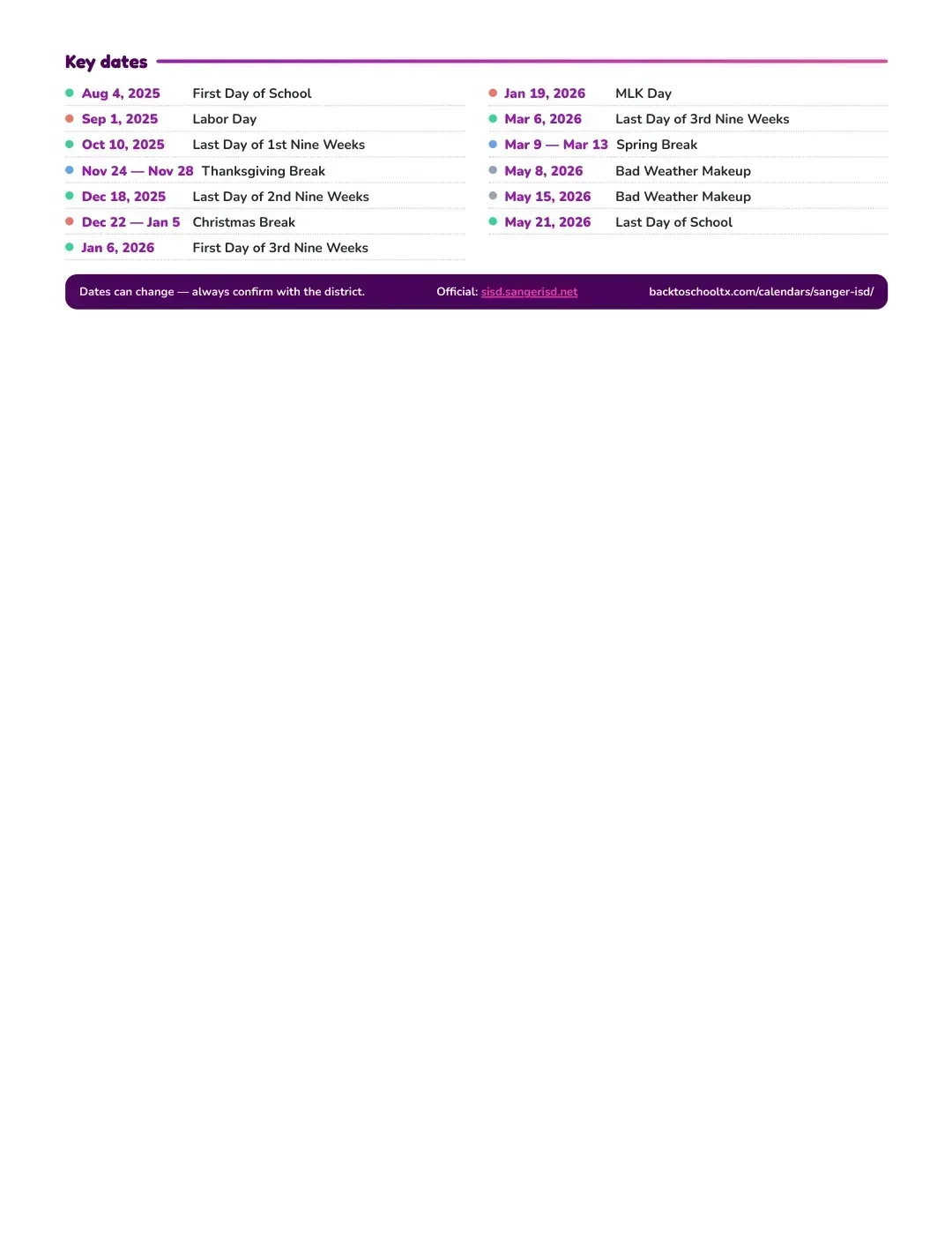 Sanger ISD Calendar for the Year 26-27 — key dates