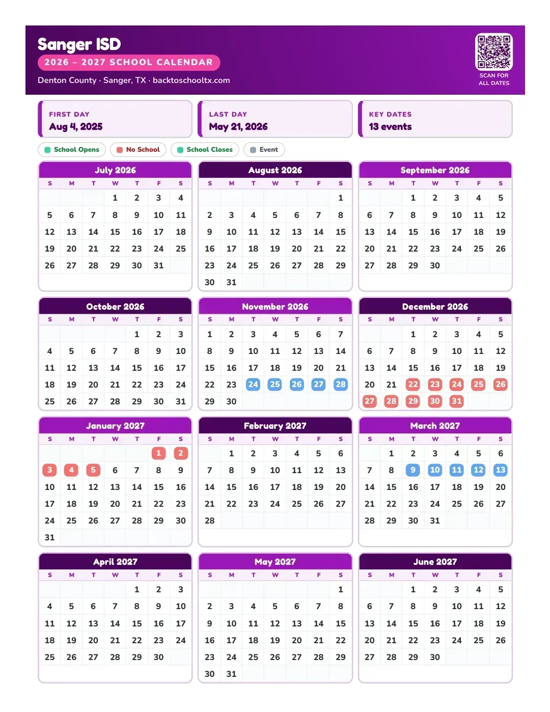 Sanger ISD Calendar for the Year 26-27