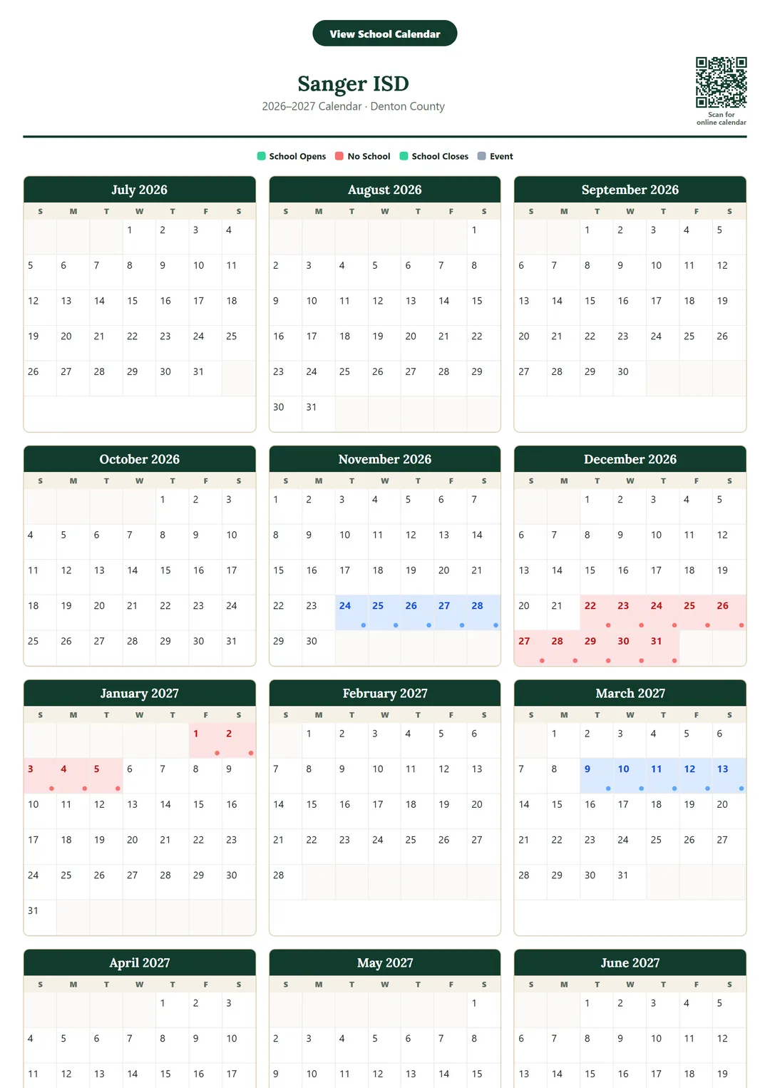 Sanger ISD printable 2026–2027 calendar