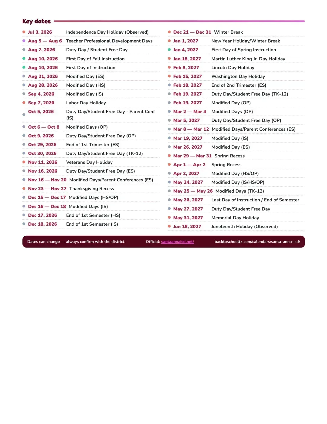 Santa Anna ISD Calendar for the Year 26-27 — key dates