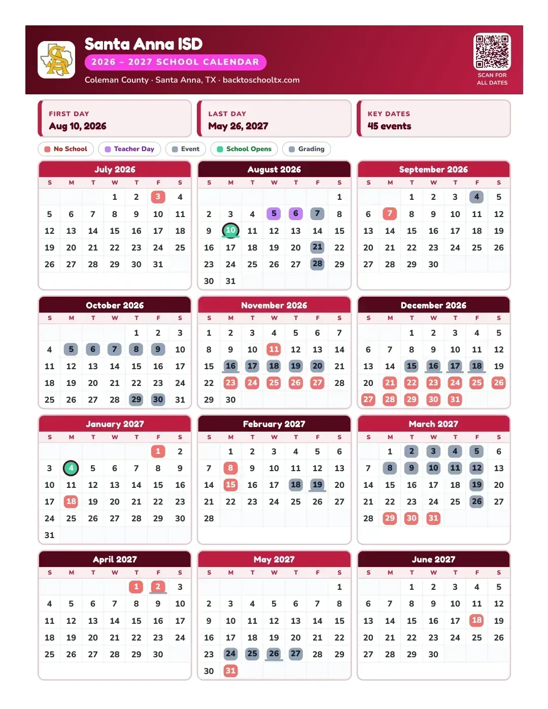 Santa Anna ISD Calendar for the Year 26-27