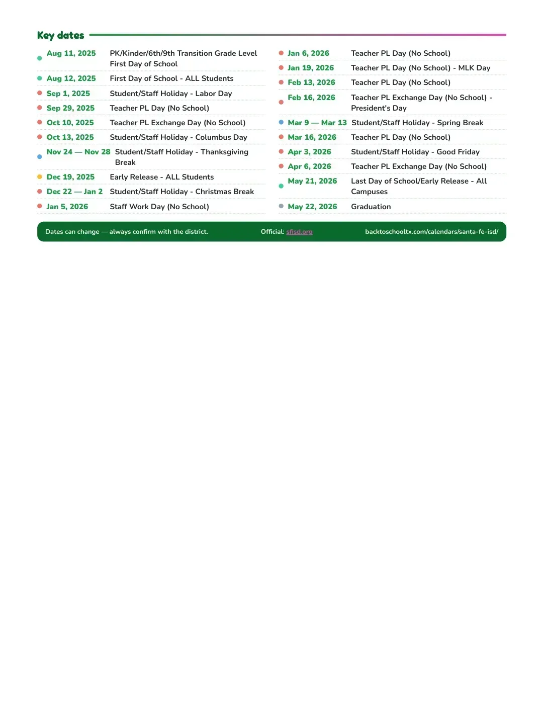 Santa Fe ISD Calendar for the Year 26-27 — key dates