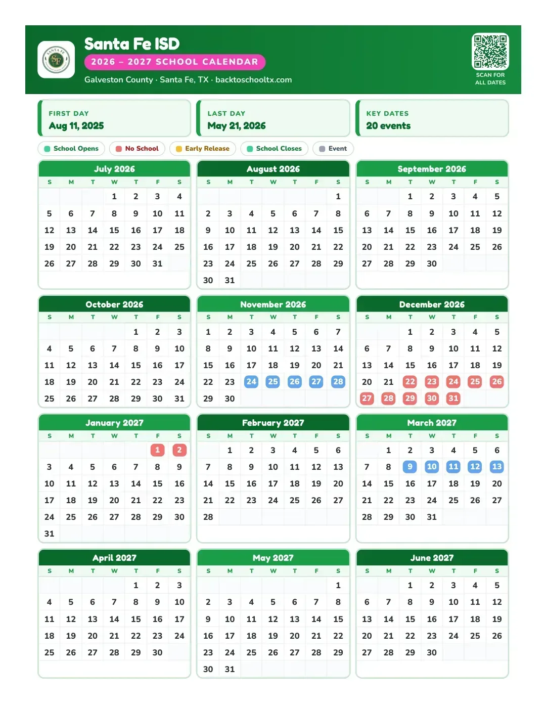 Santa Fe ISD Calendar for the Year 26-27