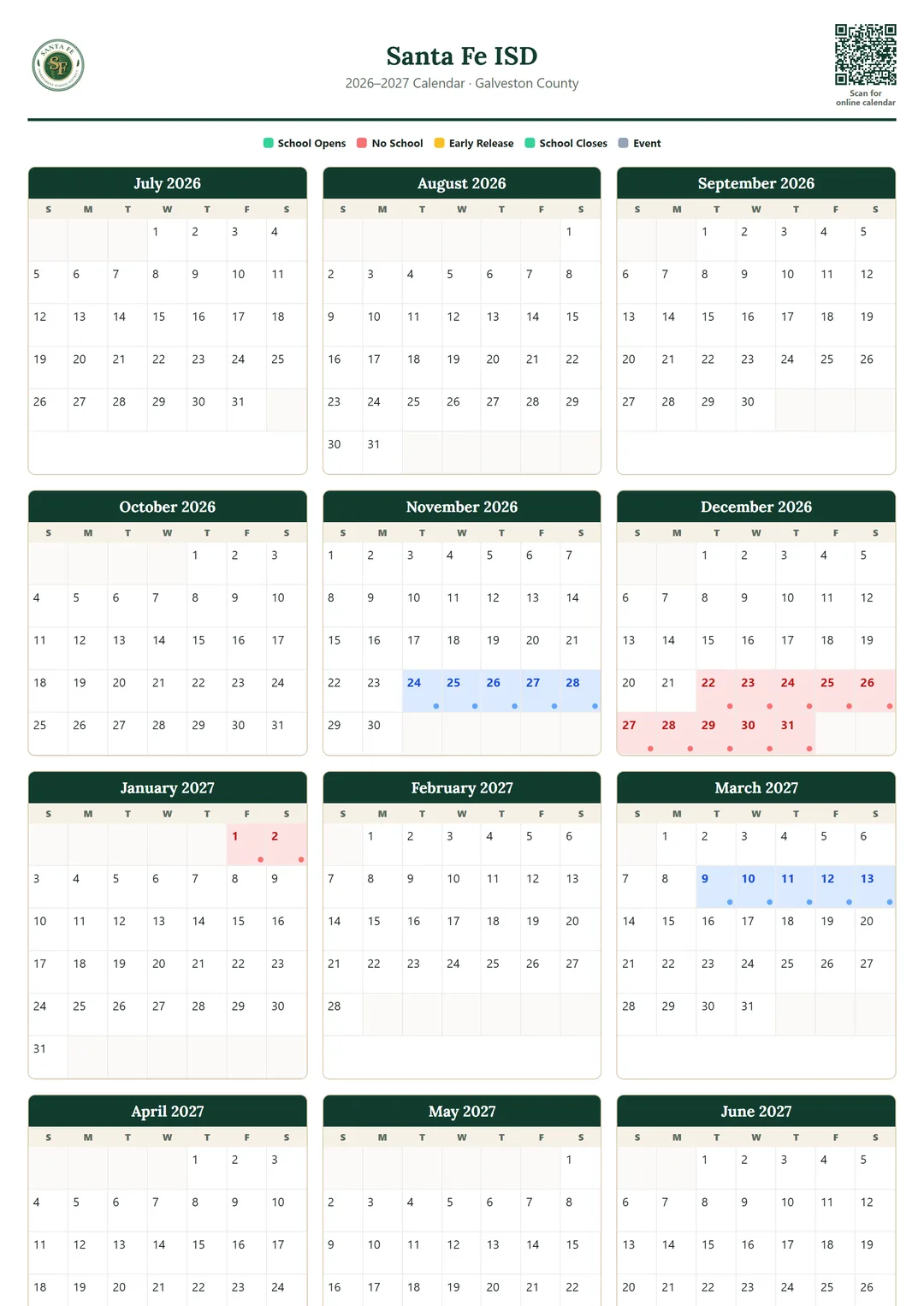 Santa Fe ISD printable 2026–2027 calendar