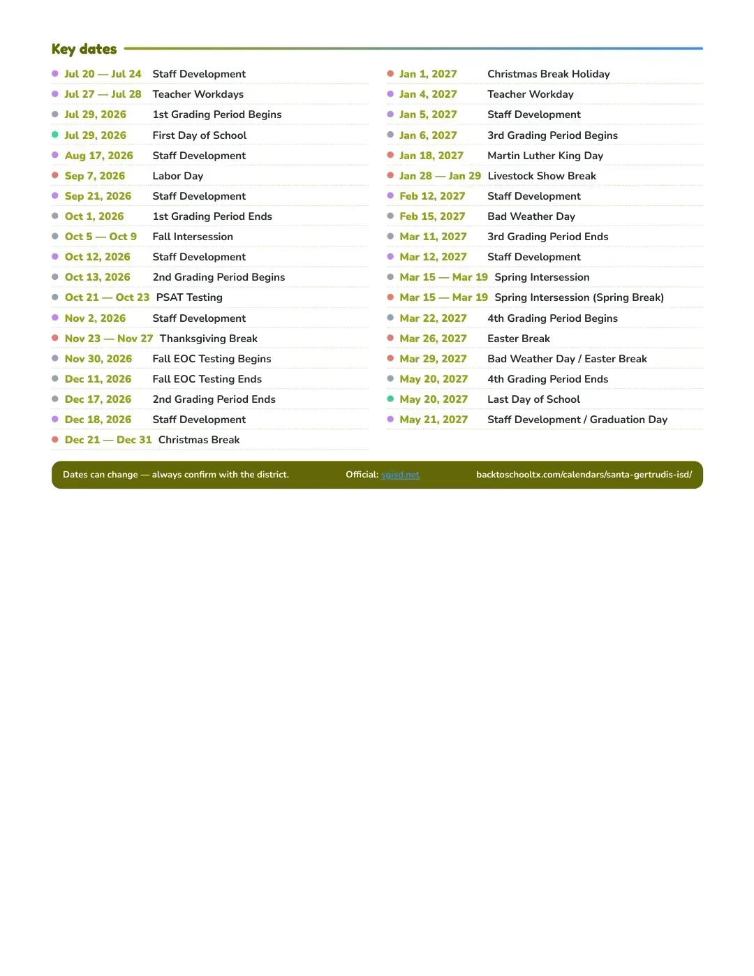 Santa Gertrudis ISD Calendar for the Year 26-27 — key dates