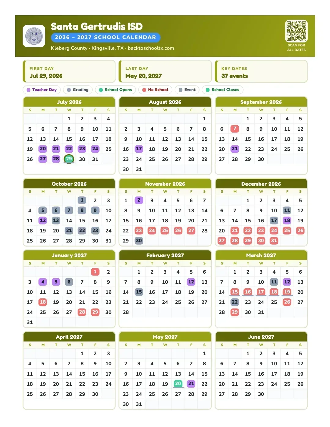 Santa Gertrudis ISD Calendar for the Year 26-27