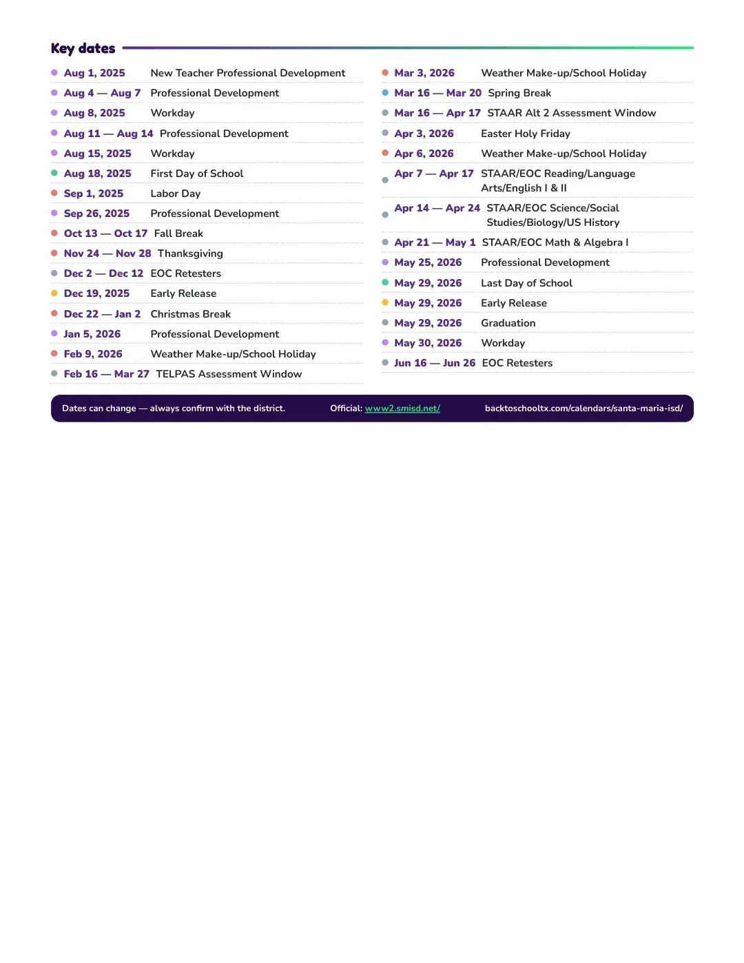 Santa Maria ISD Calendar for the Year 26-27 — key dates