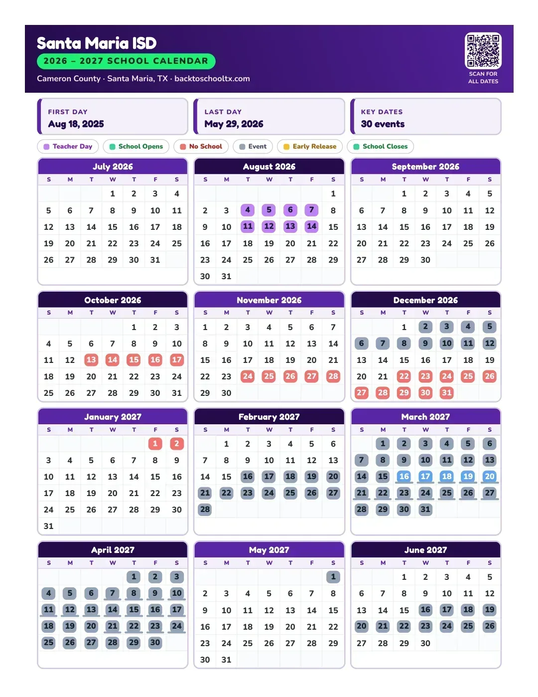 Santa Maria ISD Calendar for the Year 26-27