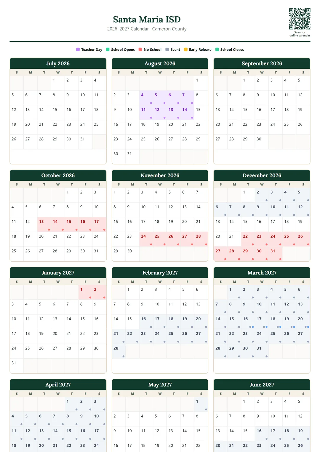 Santa Maria ISD printable 2026–2027 calendar