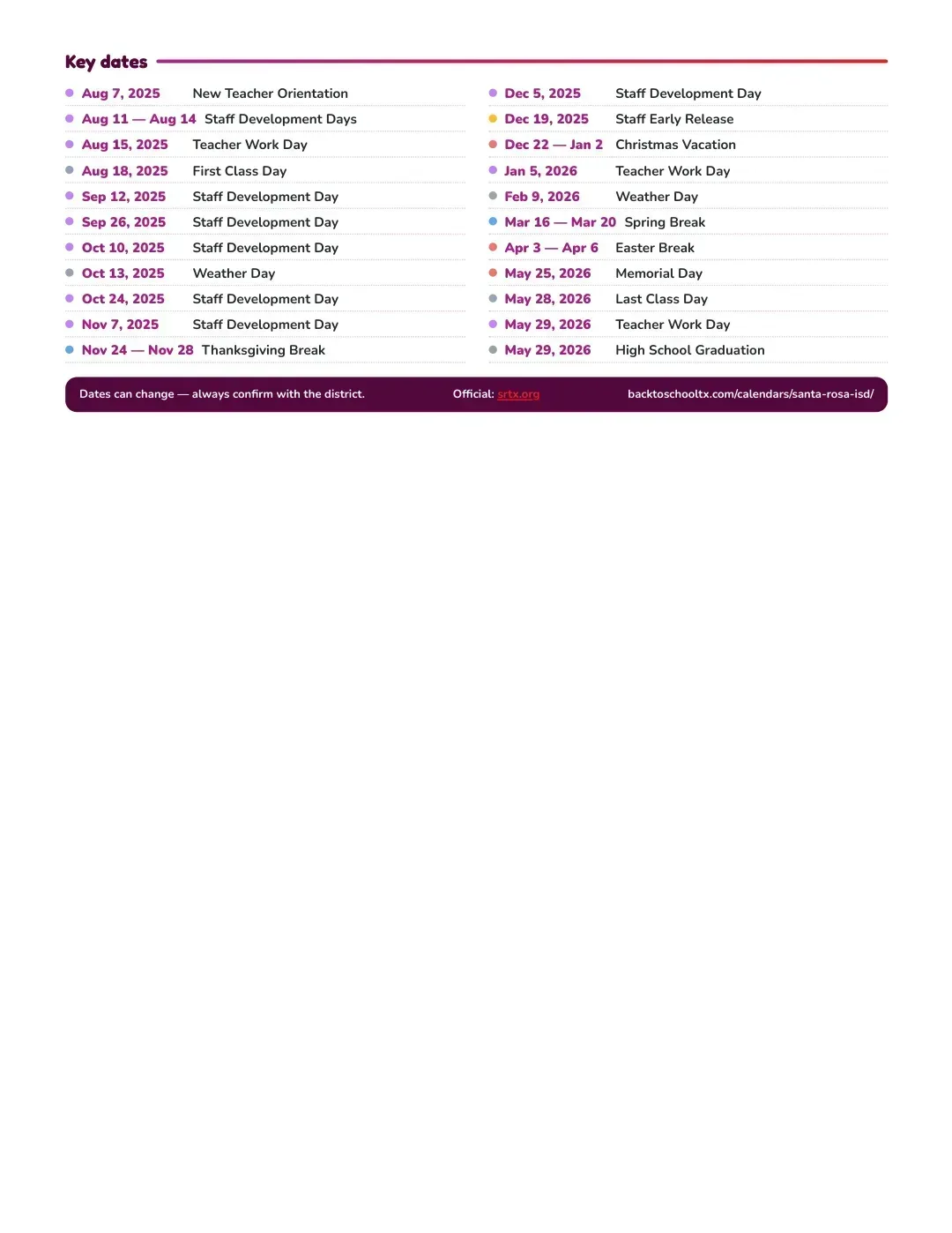 Santa Rosa ISD Calendar for the Year 26-27 — key dates