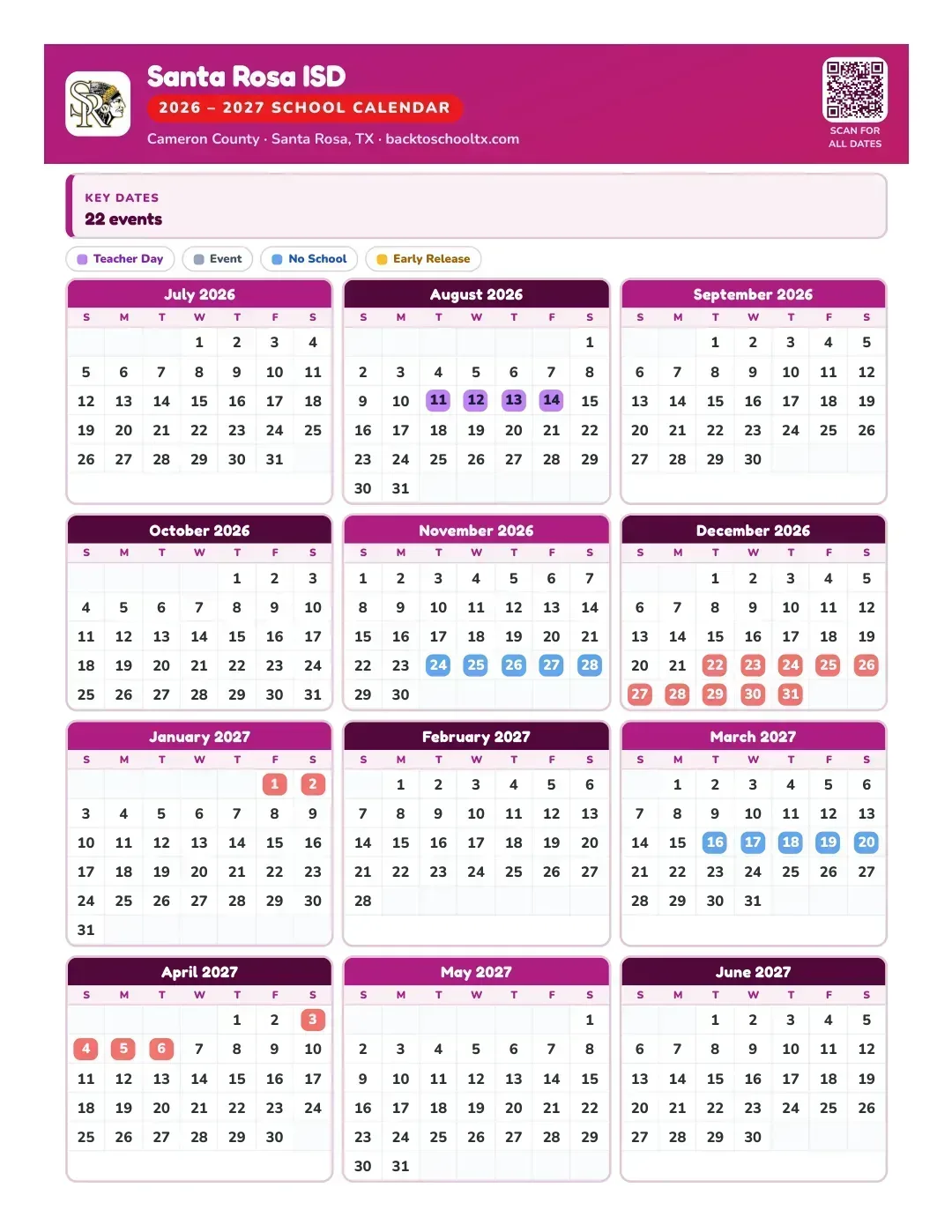 Santa Rosa ISD Calendar for the Year 26-27