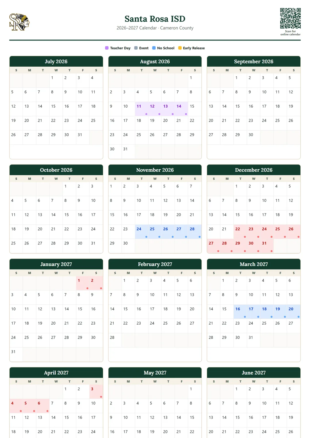Santa Rosa ISD printable 2026–2027 calendar