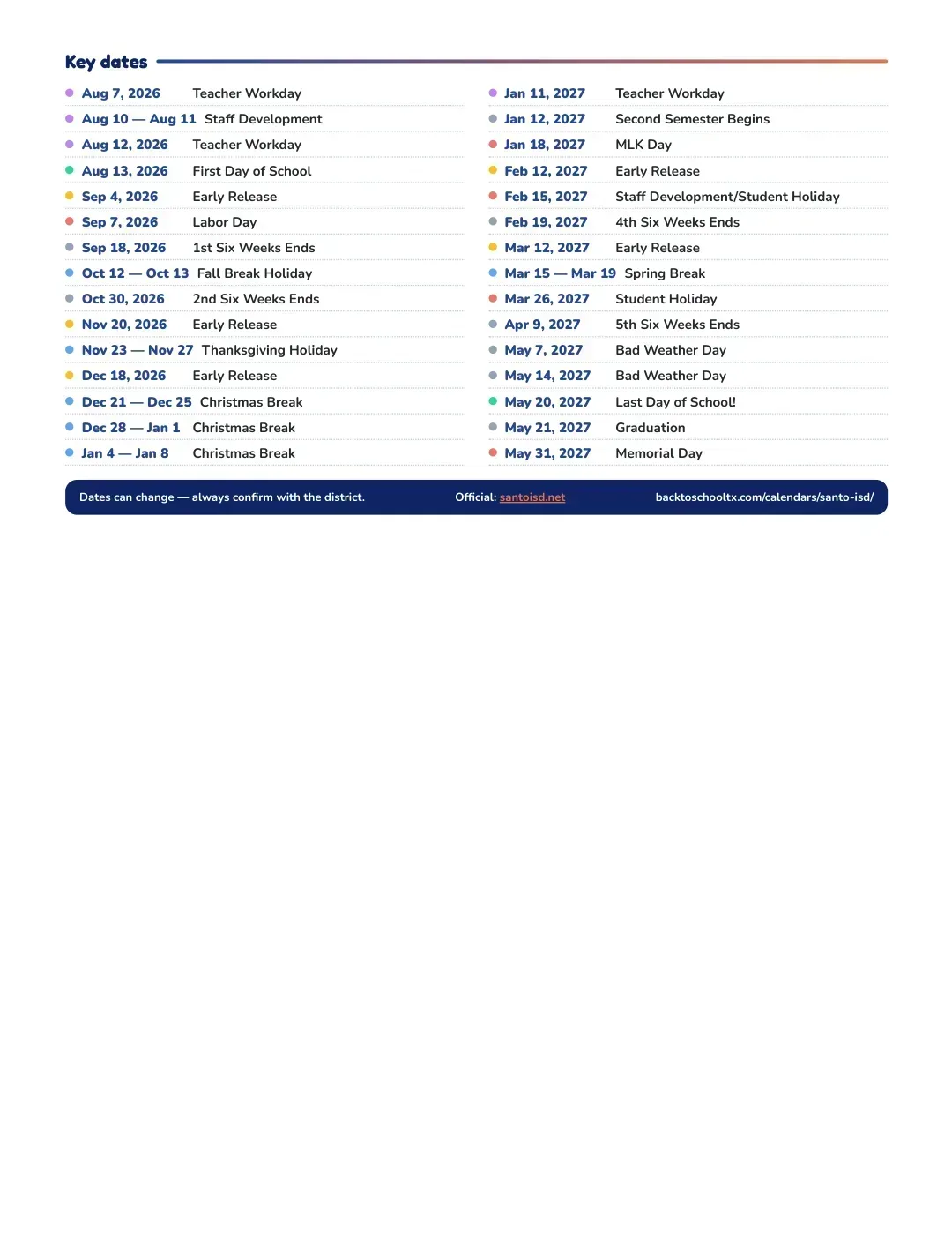 Santo ISD Calendar for the Year 26-27 — key dates