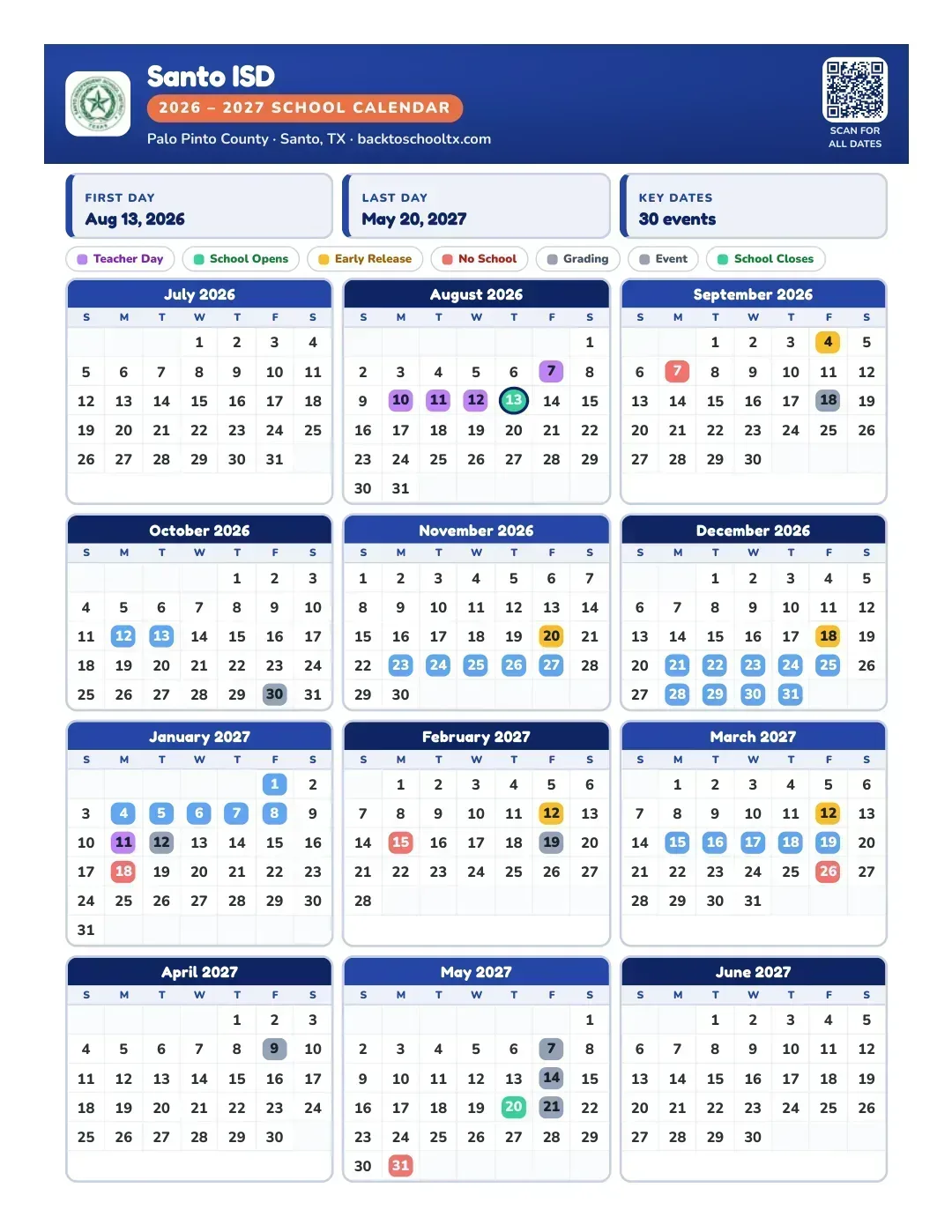 Santo ISD Calendar for the Year 26-27