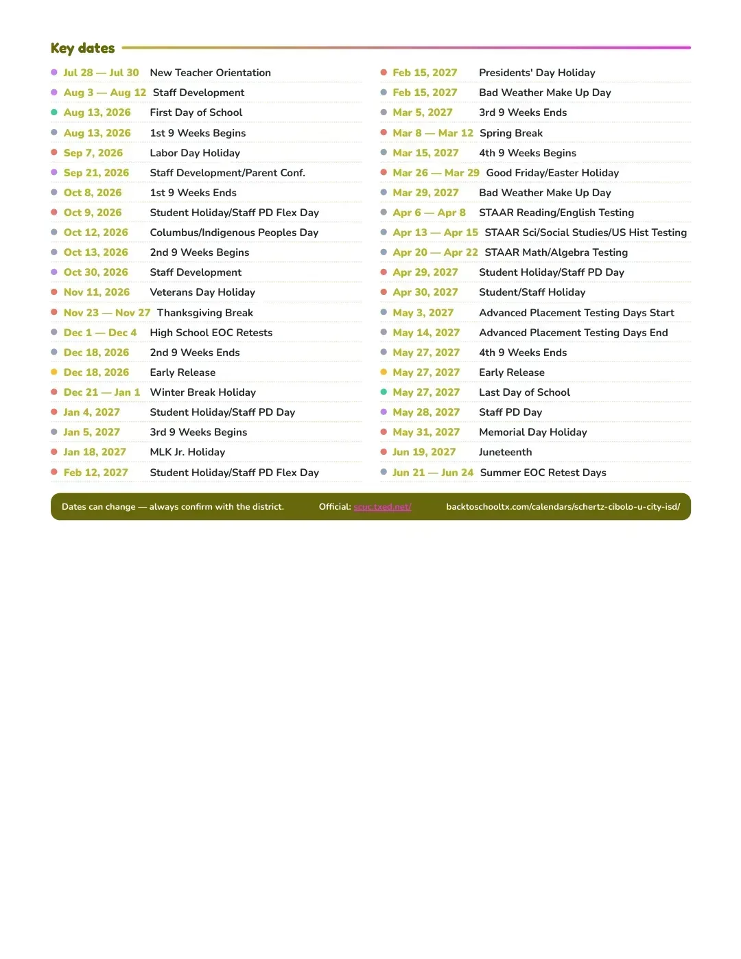 Schertz-cibolo-u City ISD Calendar for the Year 26-27 — key dates
