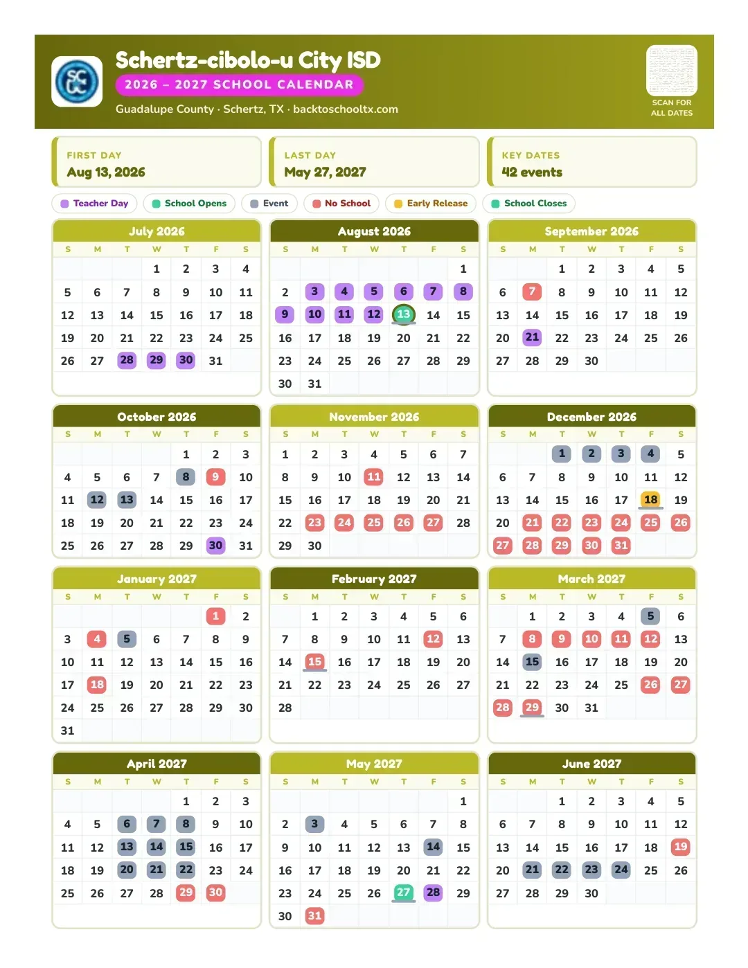 Schertz-cibolo-u City ISD Calendar for the Year 26-27