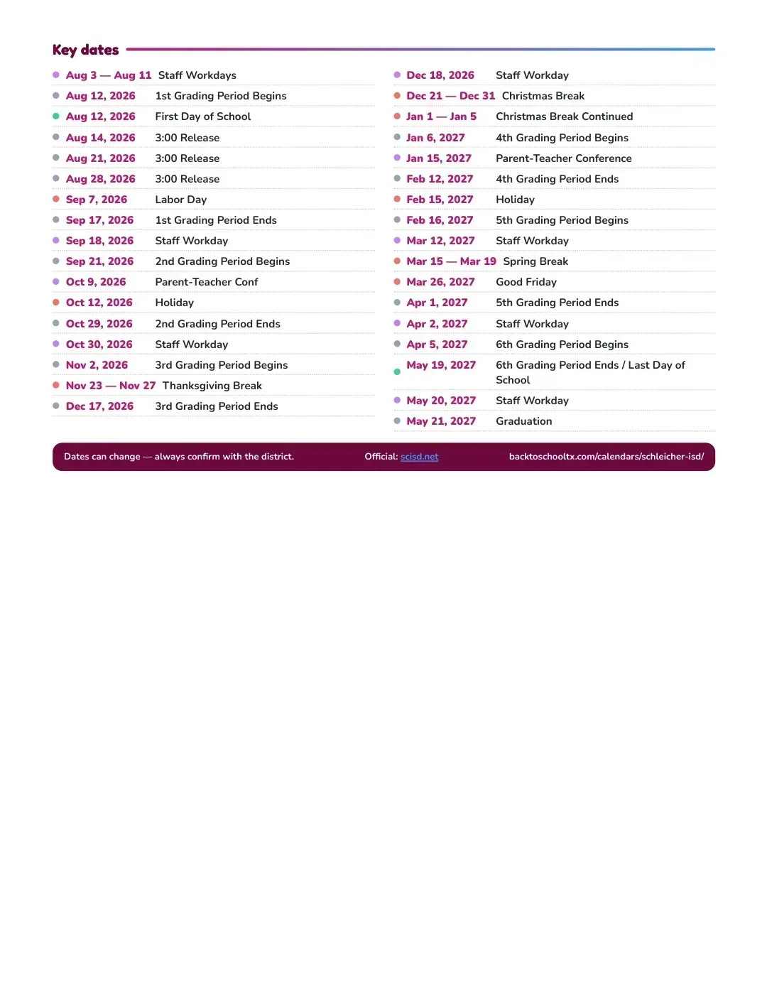 Schleicher ISD Calendar for the Year 26-27 — key dates