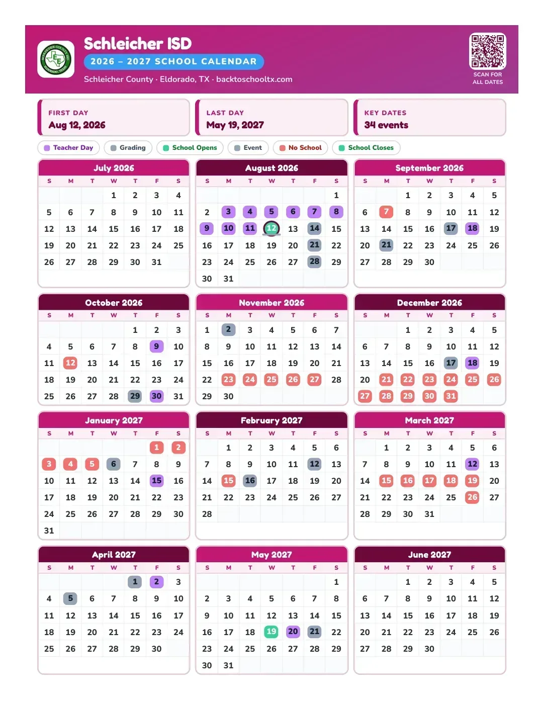Schleicher ISD Calendar for the Year 26-27