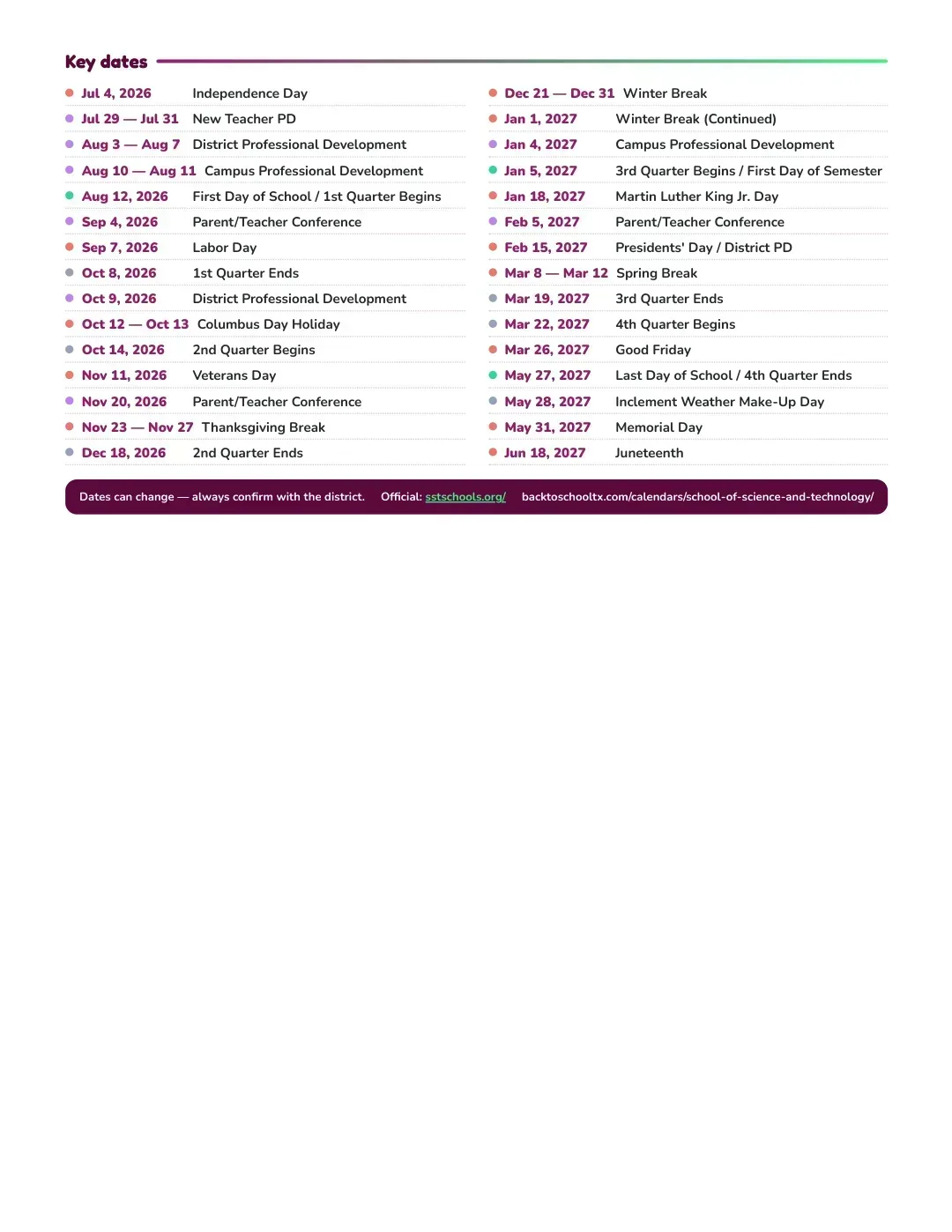 School Of Science And Technology Calendar for the Year 26-27 — key dates