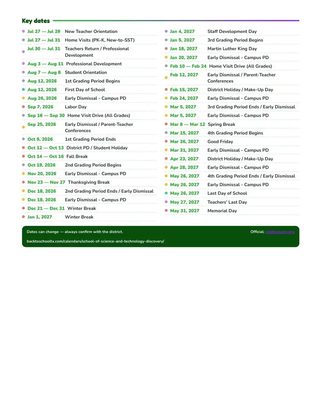 School Of Science And Technology Discovery Calendar for the Year 26-27 — key dates