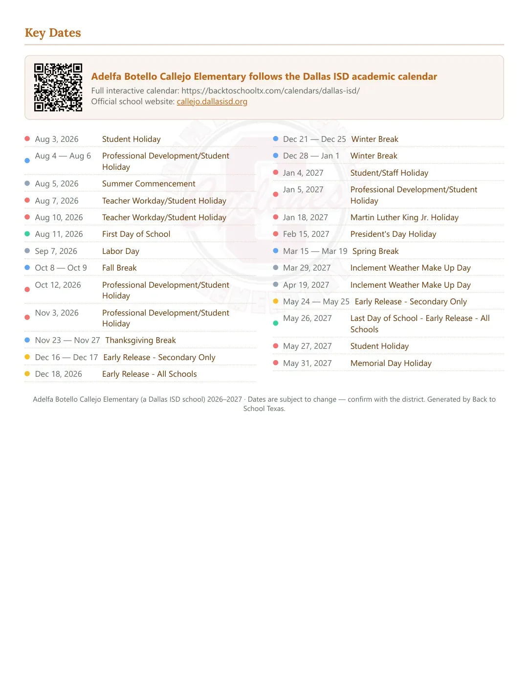 Adelfa Botello Callejo Elementary Calendar for the Year 26-27 — key dates