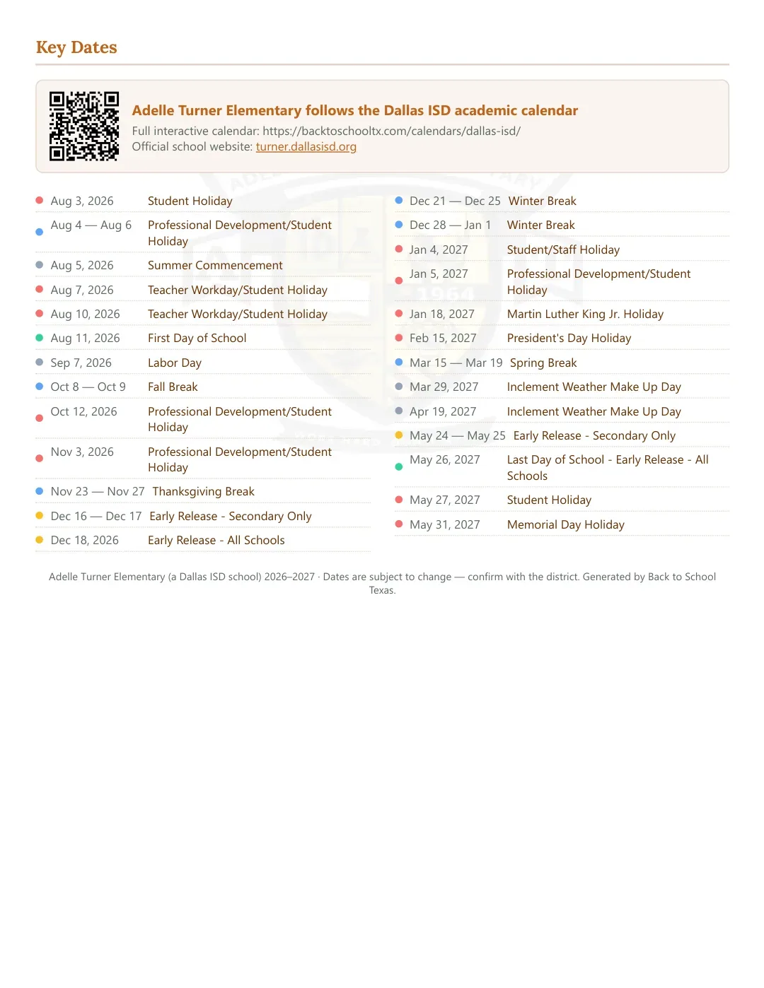 Adelle Turner Elementary Calendar for the Year 26-27 — key dates