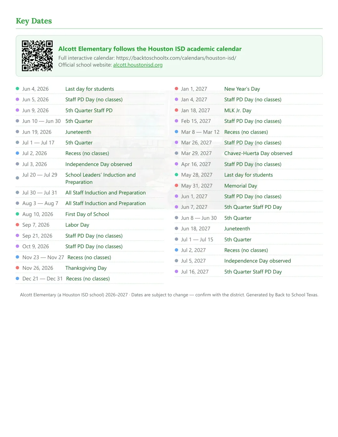 Alcott Elementary Calendar for the Year 26-27 — key dates