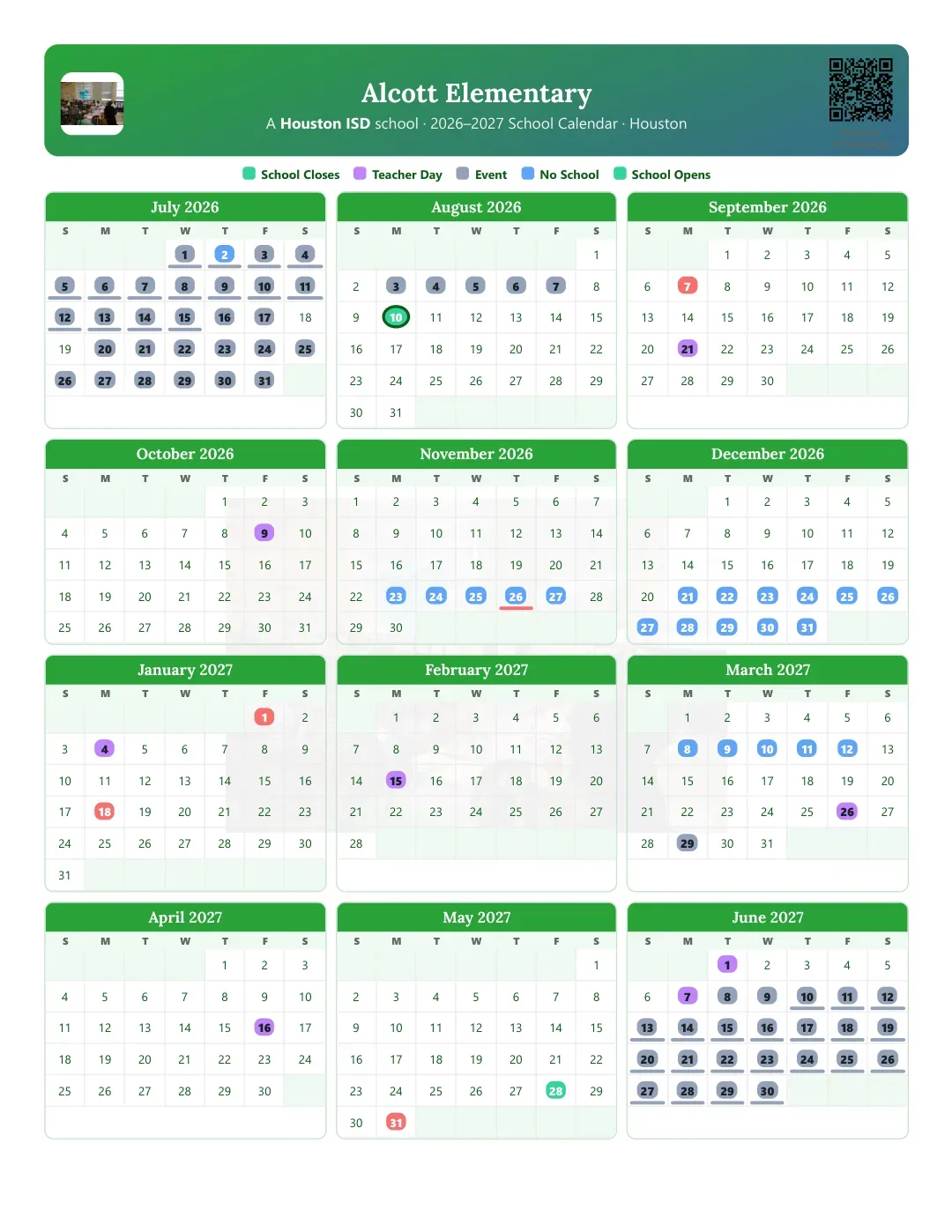 Alcott Elementary Calendar for the Year 26-27