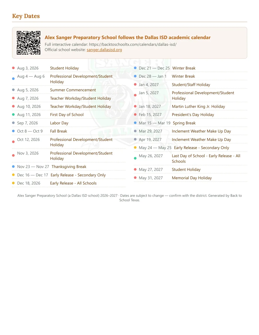 Alex Sanger Preparatory School Calendar for the Year 26-27 — key dates
