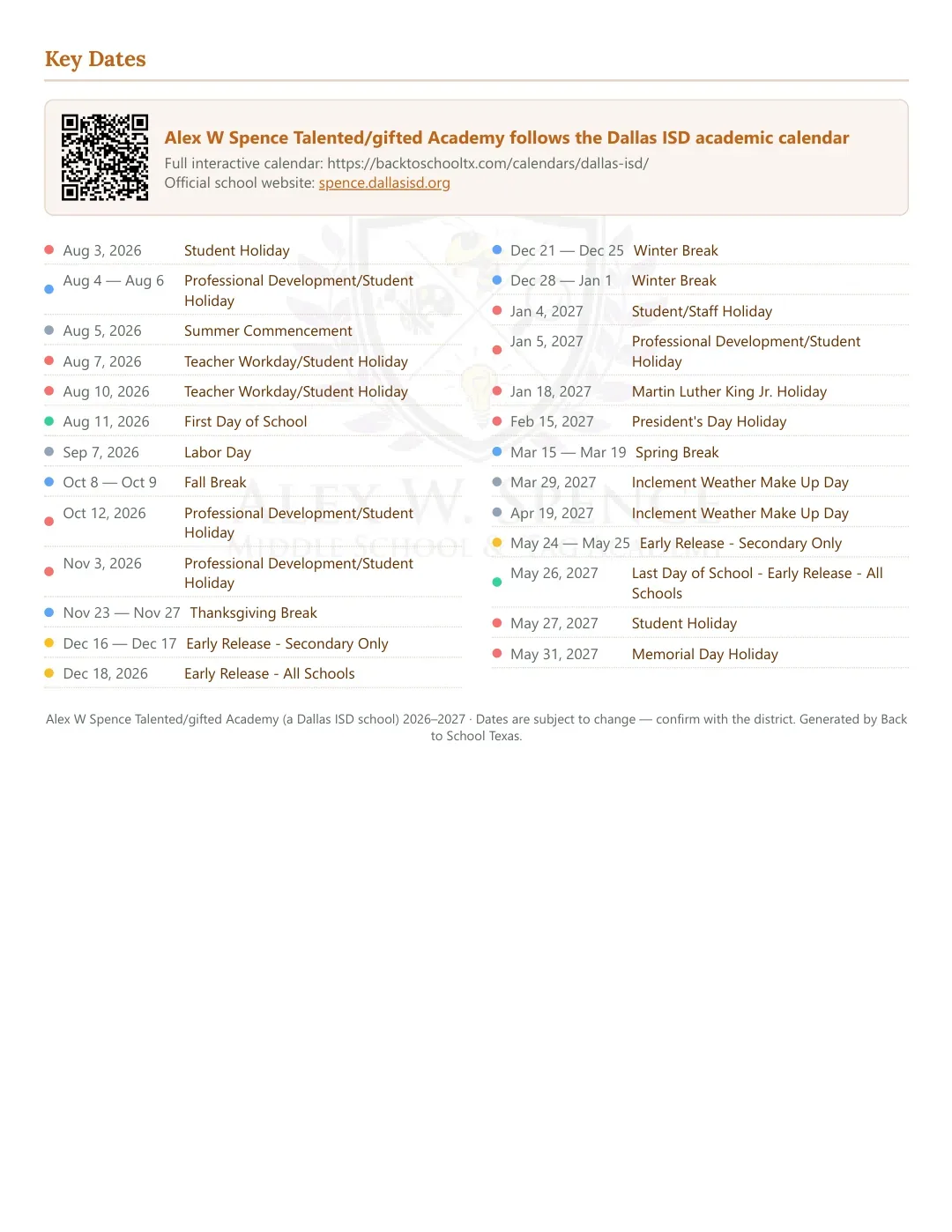 Alex W Spence Talented/gifted Academy Calendar for the Year 26-27 — key dates
