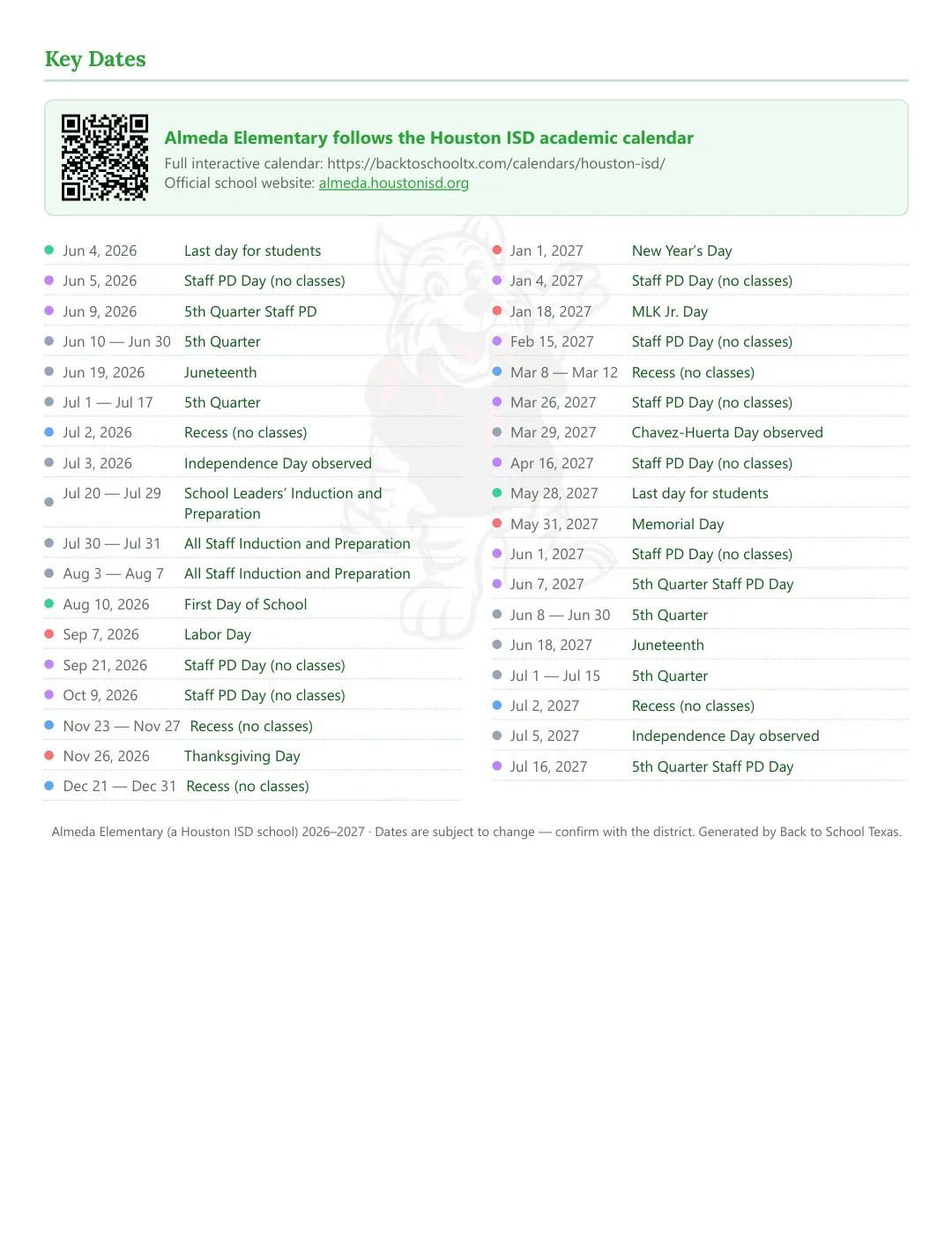 Almeda Elementary Calendar for the Year 26-27 — key dates
