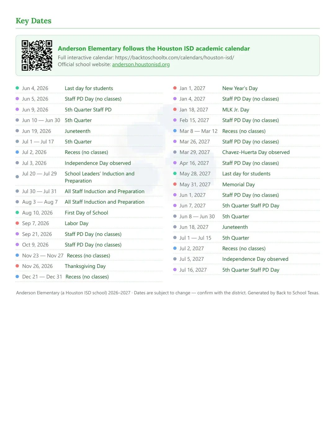 Anderson Elementary Calendar for the Year 26-27 — key dates