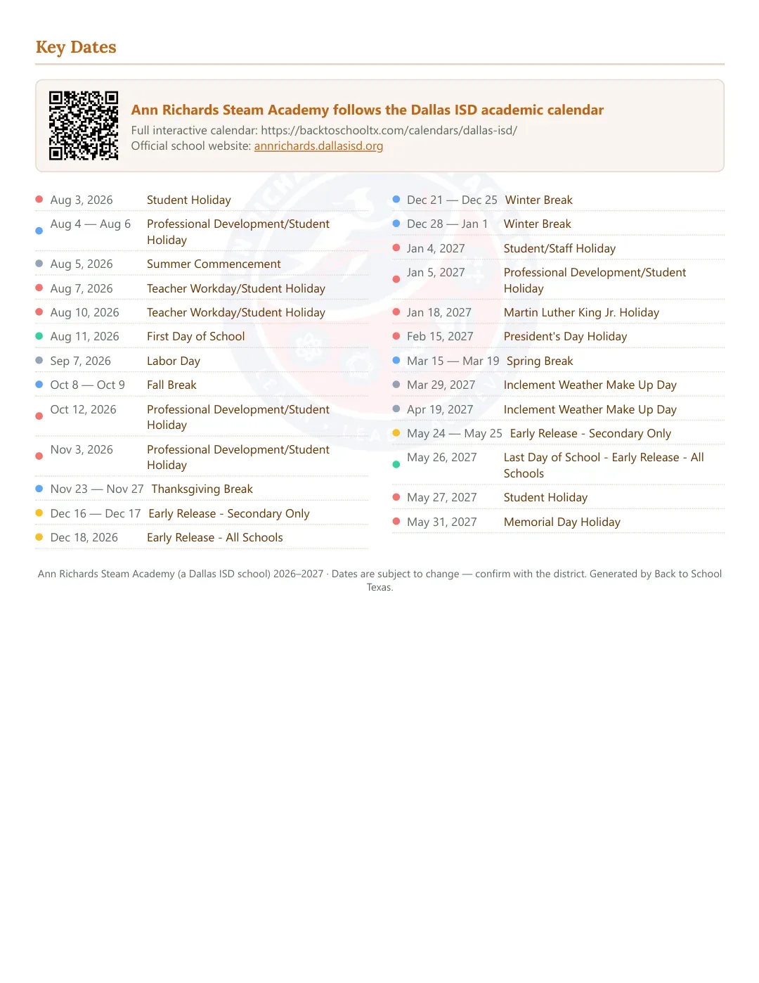 Ann Richards Steam Academy Calendar for the Year 26-27 — key dates